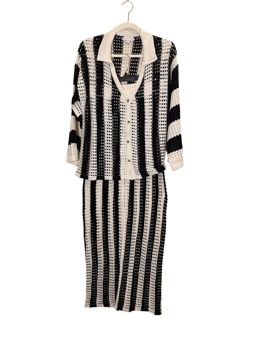 HYFVE Women’s Black and Cream Stripe Open-Knit Beach Coverup 2pc Set sz L